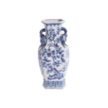 PAIR OF MASON’S IRONSTONE STYLE BLUE AND WHITE VASES each of hexagonal baluster shaped form with