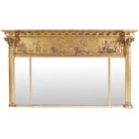 REGENCY PERIOD GILT FRAMED OVER MANTLE MIRRORof three rectangular plates, between clustered columns,