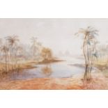 ENGLISH SCHOOLEgyptian riverscape with pyramids in the distance WatercolourProvenance: The Estate of