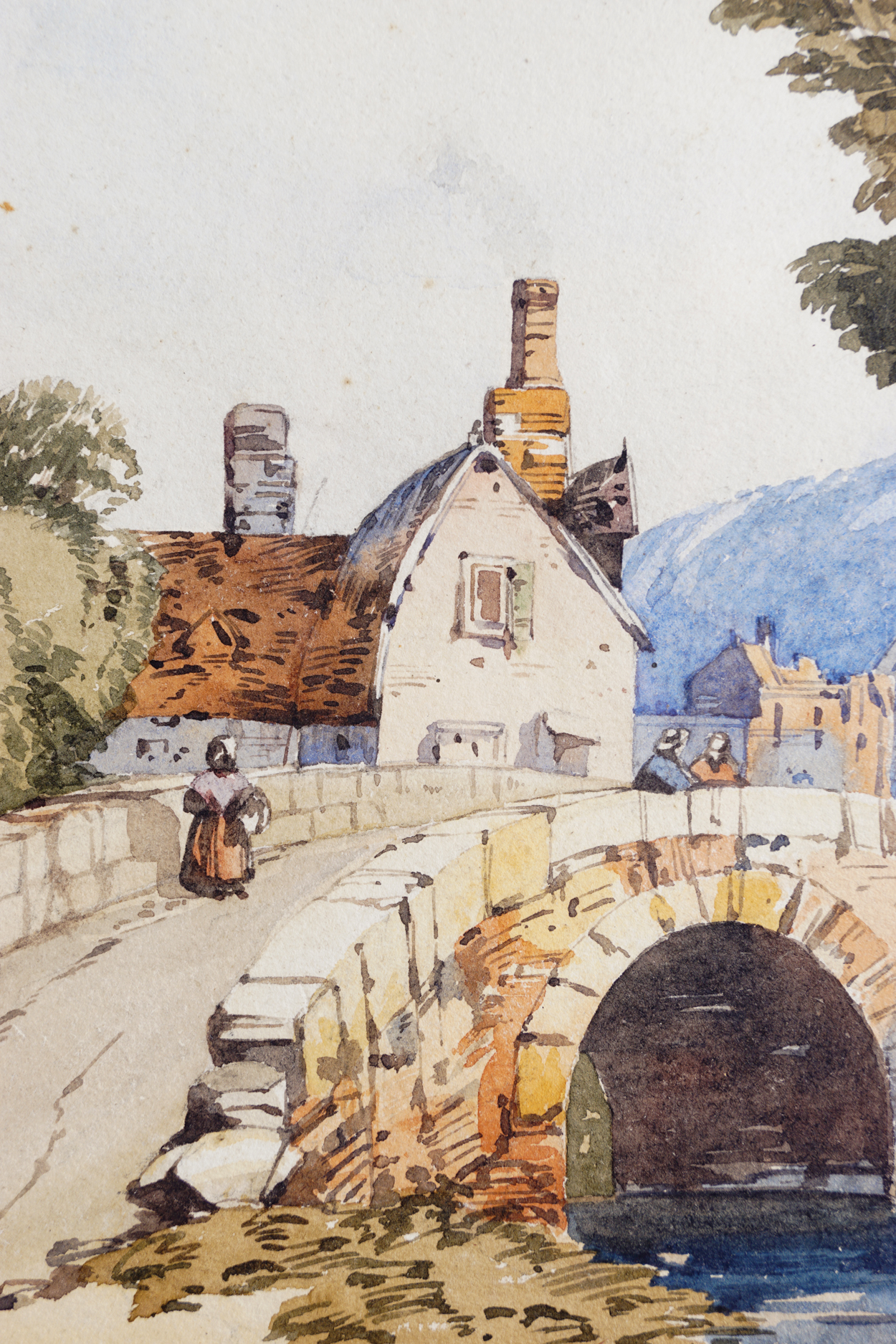 JOHN CALLOW, OWS (ENGLISH, 1822-78)The old house on the bridge. A river landscape with a woman on - Image 7 of 12