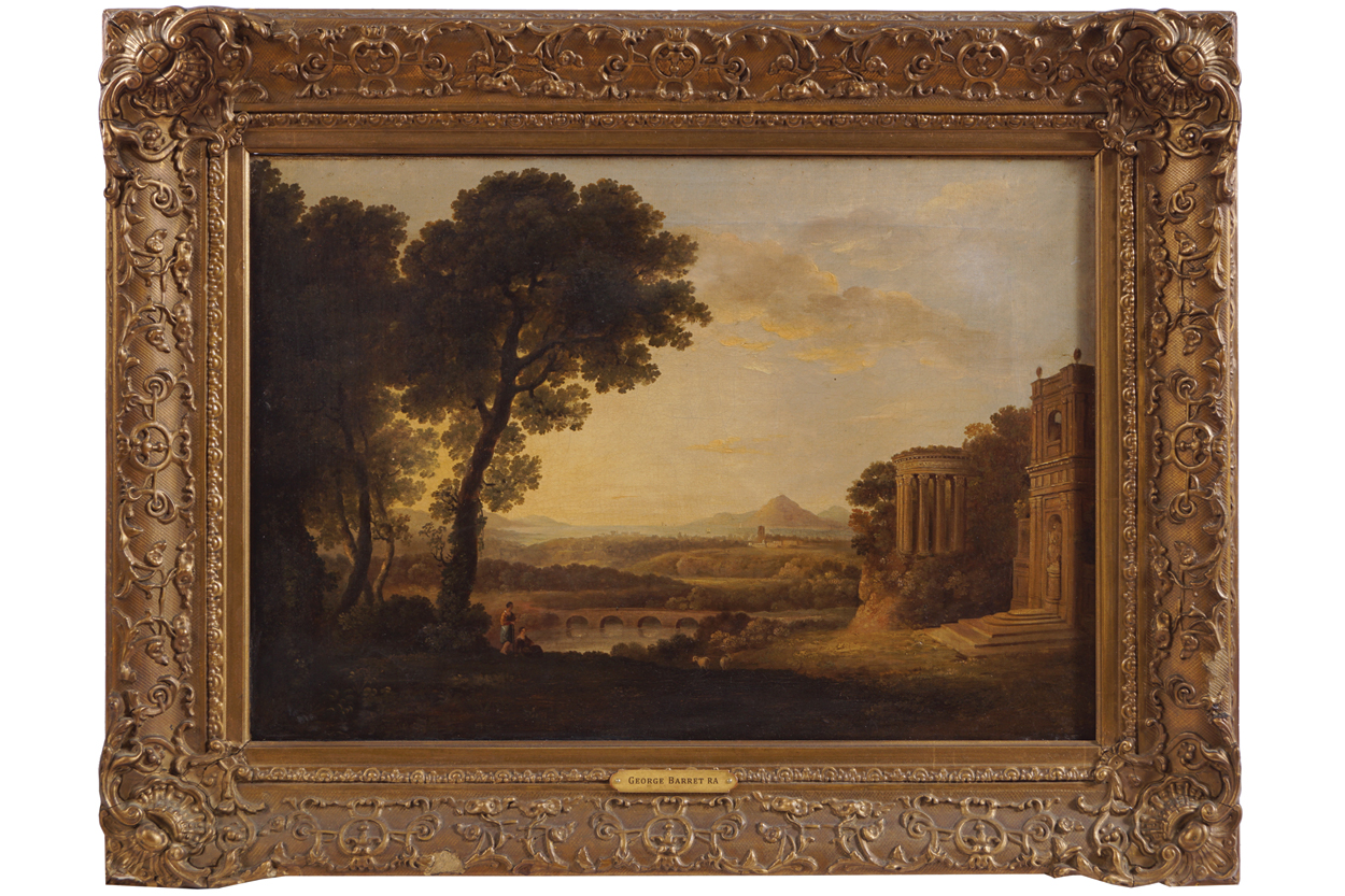 GEORGE BARRET, RA (IRISH, 1730-84)A classical Italianate landscape with figures in the foregroundOil - Image 2 of 11