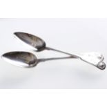 PAIR OF CRESTED EIGHTEENTH-CENTURY STERLING SILVER SERVING SPOONSpossibly Cork