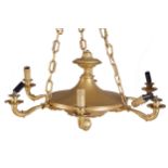 PAIR OF ORMOLU CHANDELIERSeach of six scroll arms suspended on linked chains, surmounted by an