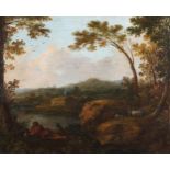 GEORGE BARRET, RA (IRISH, 1730-84)Classical wooded river landscape, with a shepherd at rest in the