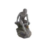 NINETEENTH-CENTURY SPELTER SEATED FIGURE ON MARBLE STYLIZED ROCKY MOUND