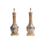 PAIR OF LARGE JAPANESE PARCEL GILT VASE STEMMED TABLE LAMPSeach of elongated bottle shape with
