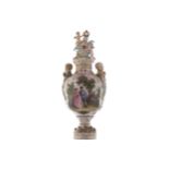 LARGE MEISSEN ARMORIAL URN of baluster form with painted panel depicting lovers in a wooded