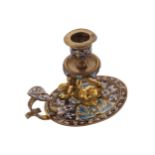 NINETEENTH-CENTURY CHAMPLEVE ENAMELLED CHAMBER CANDLESTICKwith cherub stem14 cm. high; 12 cm.