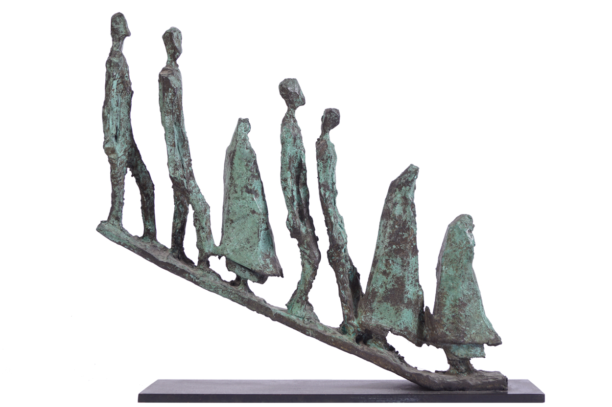 JOHN BEHAN, RHA (IRISH, B. 1938)Figures descending a walkwayBronze17¼ x 19½ inches (44 x 50 cm.) - Image 2 of 5