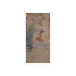 NINETEENTH-CENTURY CHINESE WATERCOLOUR ON SILKsigned, depicting a young girl and peacock in a