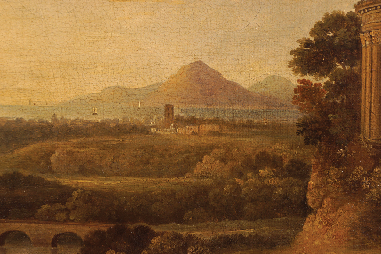 GEORGE BARRET, RA (IRISH, 1730-84)A classical Italianate landscape with figures in the foregroundOil - Image 4 of 11