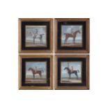SET OF FOUR EIGHTEENTH-CENTURY HAND COLOURED ENGRAVINGSeach depicting a racehorse and jockey,