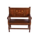 NINETEENTH-CENTURY AESTHETIC REVIVAL OAK AND MARQUETRY HALL SEAT, the profusely inlaid panelled back