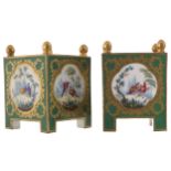 PAIR OF SEVRES VASESeach of square form, white ground with green bird and floral decoration and