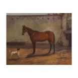 LIONEL BIRCH (ENGLISH, 1858-1930)Horse and dog in a stable yardOil on canvasSigned lower-right62 x