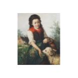 ENGLISH SCHOOLYoung girl with a pet lamb Oil on canvas71 x 58 cm.