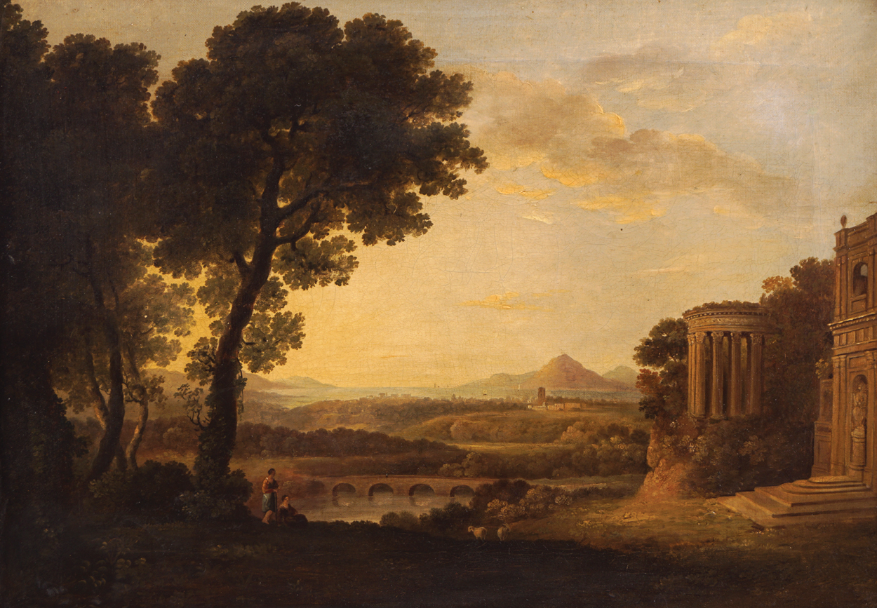 GEORGE BARRET, RA (IRISH, 1730-84)A classical Italianate landscape with figures in the foregroundOil