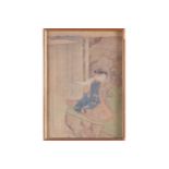 NINETEENTH-CENTURY JAPANESE WOOD BLOCK depicting young girl seated beside a waterfall in a