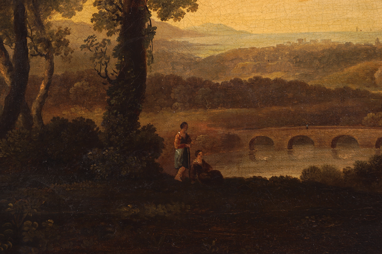 GEORGE BARRET, RA (IRISH, 1730-84)A classical Italianate landscape with figures in the foregroundOil - Image 6 of 11