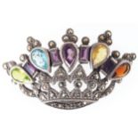 STERLING SILVER CROWN BROOCH Set with peridot, blue topaz, amethyst, citrine, garnet and marcasite