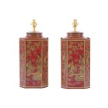 PAIR OF TABLE LAMPS each with a Chinoiserie decorated toleware caddy stem 44 cm. high; 18 cm.