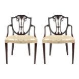 PAIR OF EDWARDIAN PERIOD HEPPLEWHITE SHIELD BACK ELBOW CHAIRS, CIRCA 1910 each with a paterae and