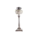 NINETEENTH-CENTURY SILVER AND CUT GLASS CRYSTAL OIL LAMP raised on a Corinthian pillar and cavetto