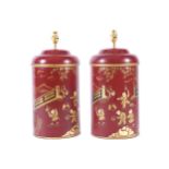 PAIR OF TABLE LAMPS each with a Chinoiserie decorated toleware caddy stem 46 cm. high; 21 cm.