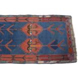 MOROCCON TRIBAL RUNNER the blue ground central field decorated with colourful abstract motifs within