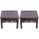 PAIR OF CHINESE QING PERIOD HARDWOOD TABLES each of square form, above a moulded frieze and leaf