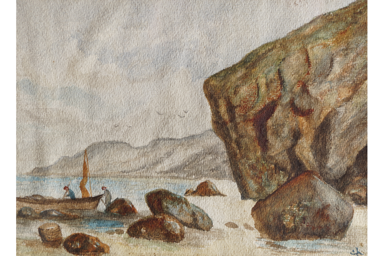IRISH SCHOOL, NINETEENTH-CENTURY Figures boarding a boat on the shore Watercolour Initialled lower-