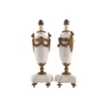 PAIR OF MARBLE AND ORMOLU VASE STEMMED TABLE LAMPS 40 cm. high (2)