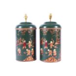 PAIR OF TOLEWARE CADDY STEMMED TABLE LAMPS each with Chinoiserie decoration 40 cm. high (2)