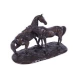 TWENTIETH-CENTURY BRONZE EQUESTRIAN GROUP of two horses standing on a rocky mound 38 cm. high; 58