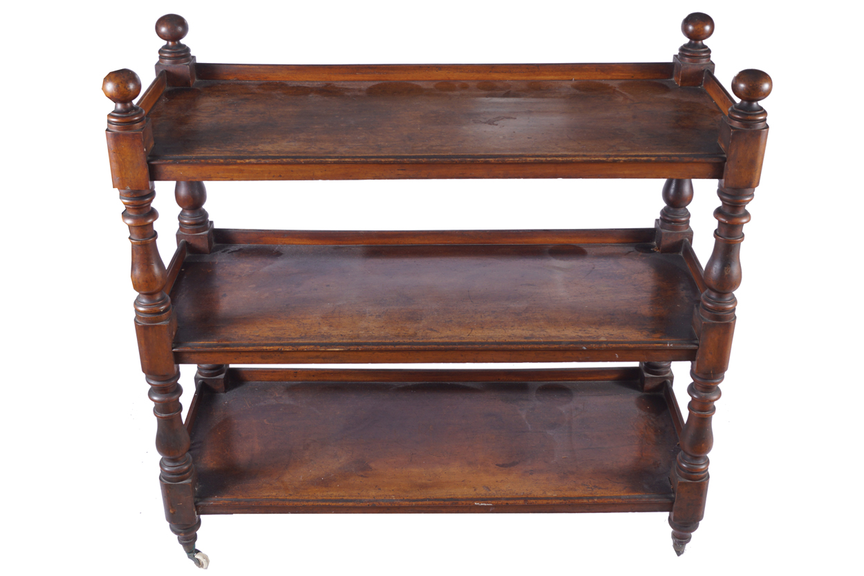 VICTORIAN THREE-TIER MAHOGANY DUMBWAITER of rectangular form, raised on turned pillars,