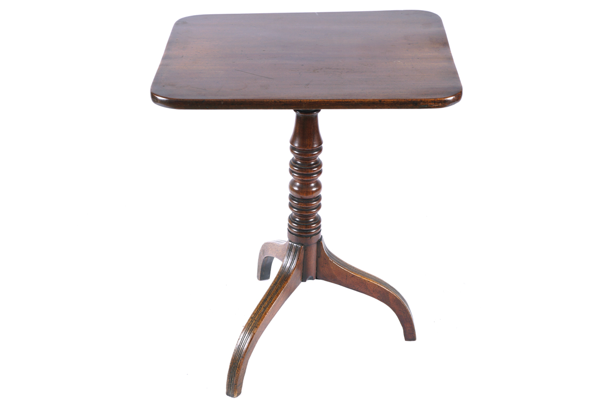 GEORGE III MAHOGANY WINE TABLE the rectangular top with rounded corners, raised on a turned stem and