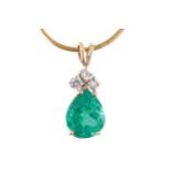 18 CT. YELLOW AND WHITE GOLD PEAR SHAPED NATURAL COLOMBIAN EMERALD AND BRILLIANT CUT DIAMOND PENDANT