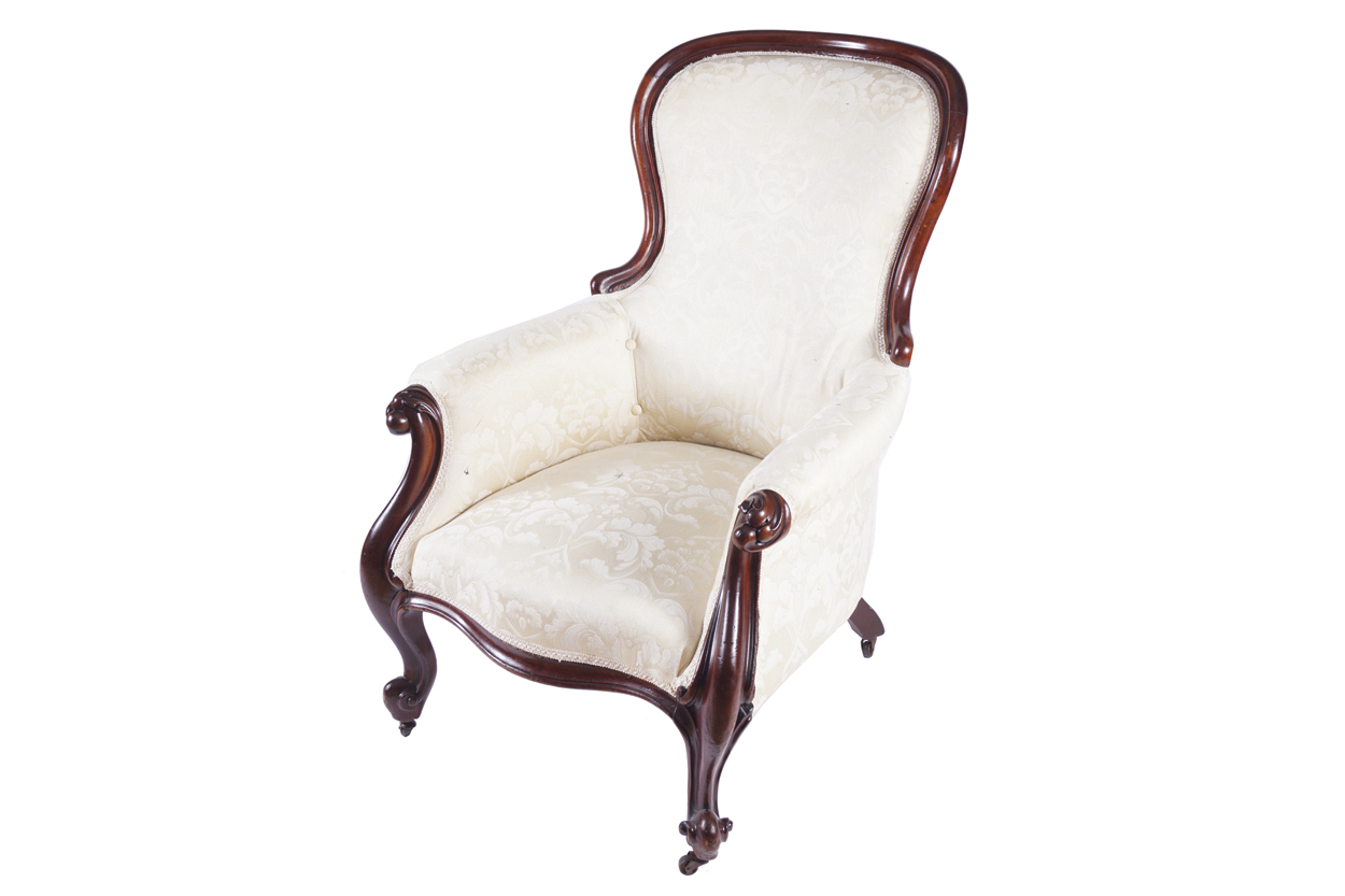 EARLY VICTORIAN MAHOGANY BALLOON BACK GENT’S ARMCHAIR with an upholstered show frame back and seat