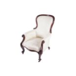EARLY VICTORIAN MAHOGANY BALLOON BACK GENT’S ARMCHAIR with an upholstered show frame back and seat