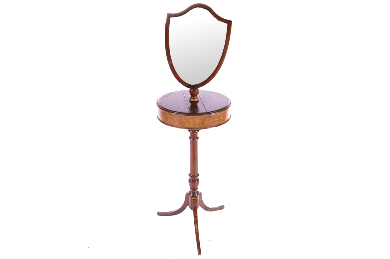 REGENCY PERIOD MAHOGANY SHAVING STAND, CIRCA 1810 the shield shaped adjustable mirror, above