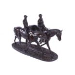 BRONZE EQUESTRIAN GROUP of two jockeys on horseback 45 cm. high; 55 cm. wide