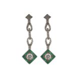 18 CT. ART DECO EMERALD AND DIAMOND DROP EARRINGS Provenance: The Maureen O'Hara Collection