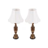 PAIR OF EARLY TWENTIETH-CENTURY BRASS TABLE LAMPS with silk shades 95 cm. high (2)