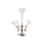 NINETEENTH-CENTURY ELKINGTON SILVER PLATED CENTRE PIECE furnished with glass tulip shaped vases