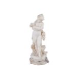 HLP-MOREAU Alabaster sculpture, young girl with a basket of flowers and doves at her feet 70 cm.