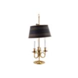 EDWARDIAN BRASS THREE BRANCH DESK LAMP with toleware shade 68 cm. high; 22 cm. wide