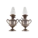 PAIR OF SILVER PLATED VASE STEMMED OIL LAMPS