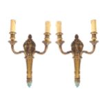 PAIR OF HEAVY EARLY TWENTIETH-CENTURY GILT BRONZE WALL LIGHTS each of two scroll arms with mask