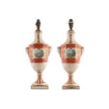 PAIR OF NINETEENTH-CENTURY GERMAN PORCELAIN TABLE LAMPS AND SHADES each with painted decoration 45