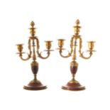 PAIR OF NINETEENTH-CENTURY GILT BRONZE AND ROUGE ROYALE MARBLE CANDELABRA each of two scroll arms 24